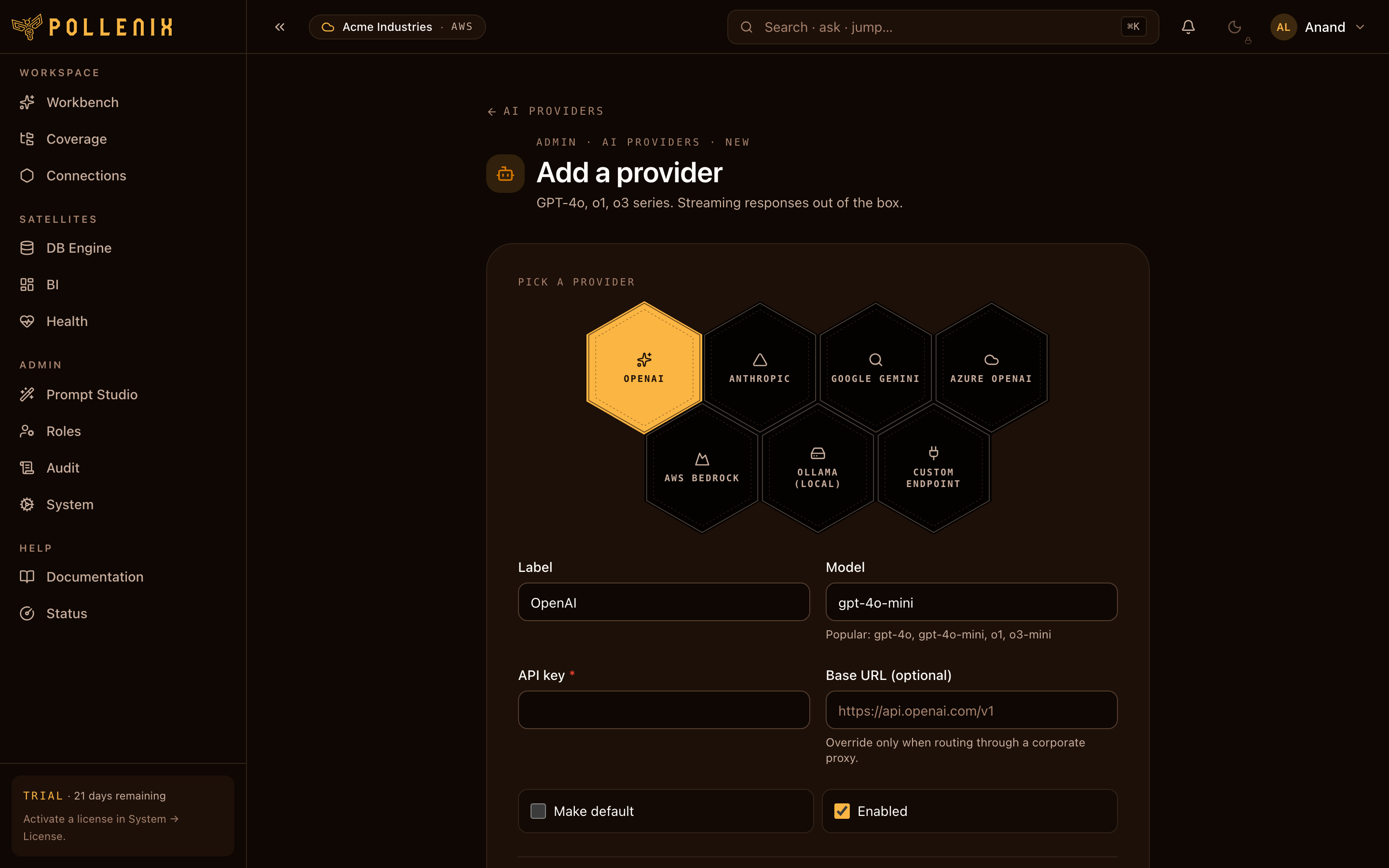 Adding an Azure OpenAI provider — endpoint, deployment, key.
