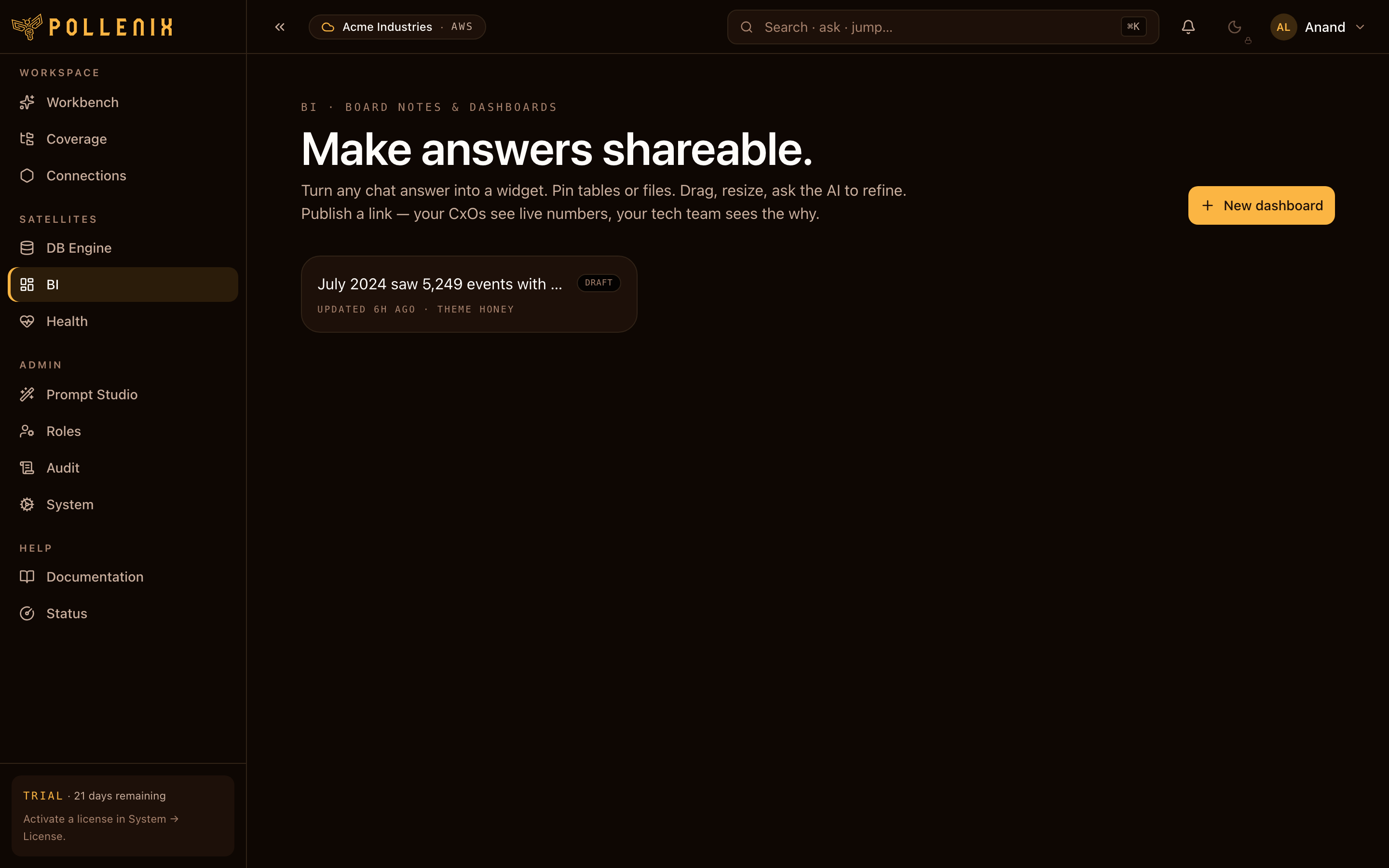 Publish and share — overview of the page.