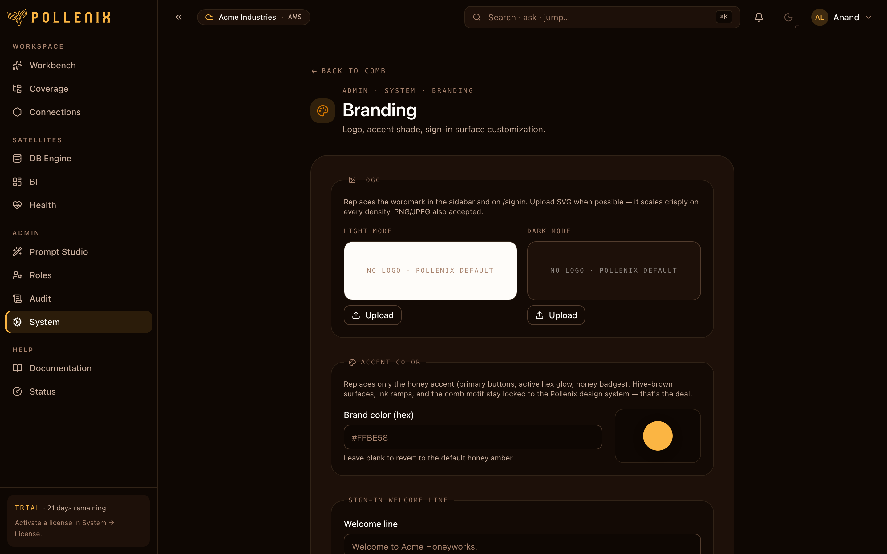 Branding — overview of the page.
