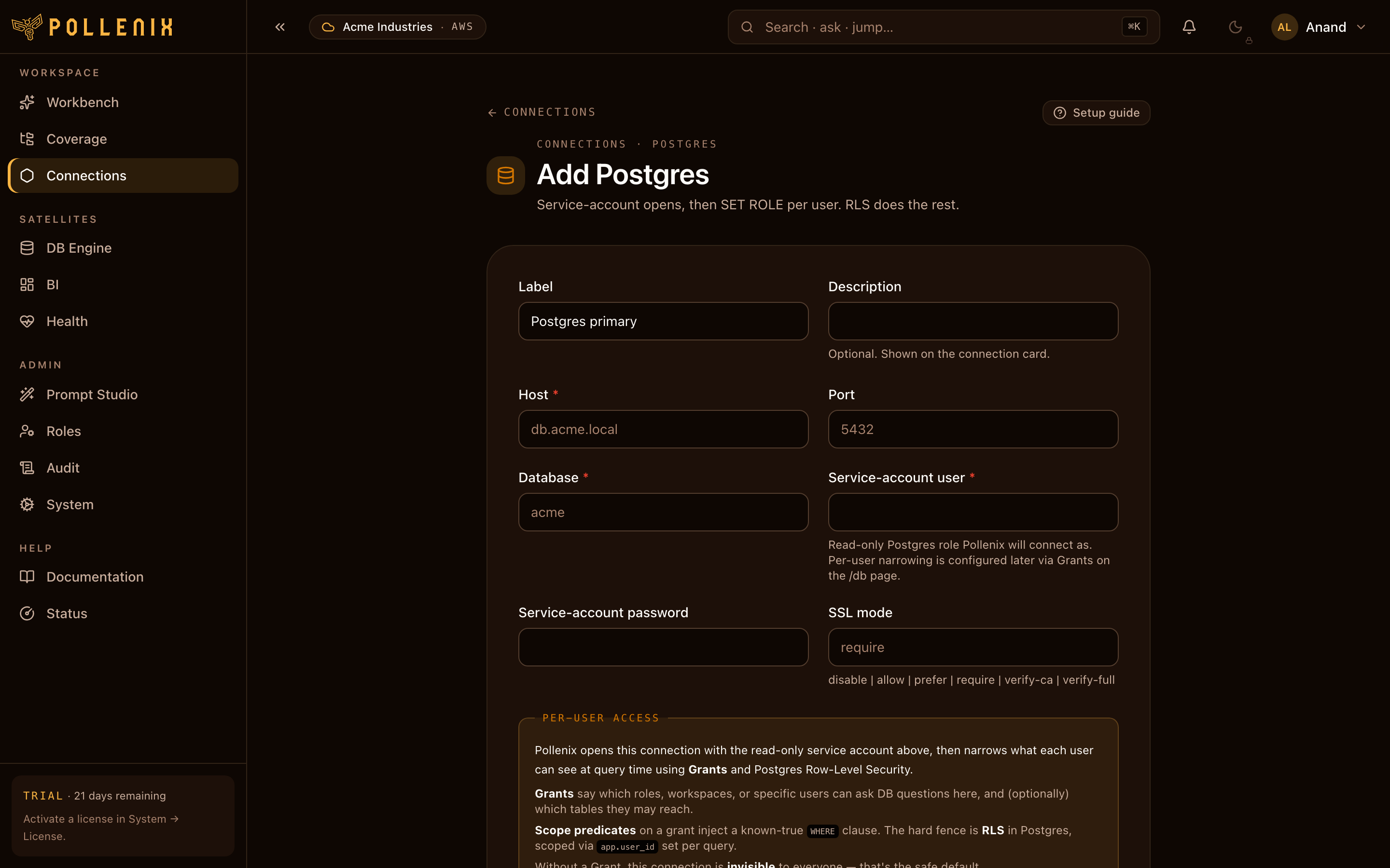Connection editor — driver, host, secret backend.