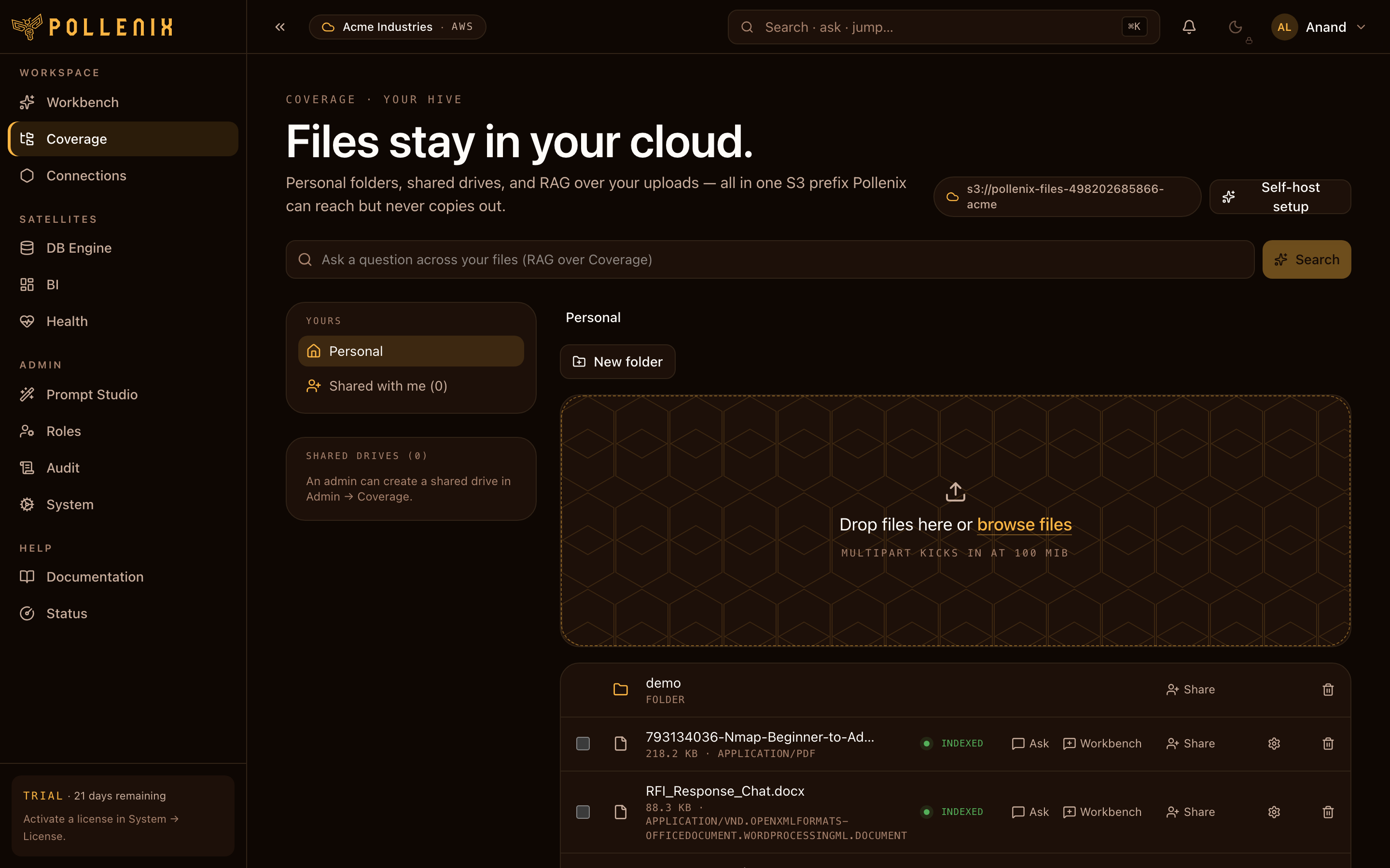 Upload files — overview of the page.