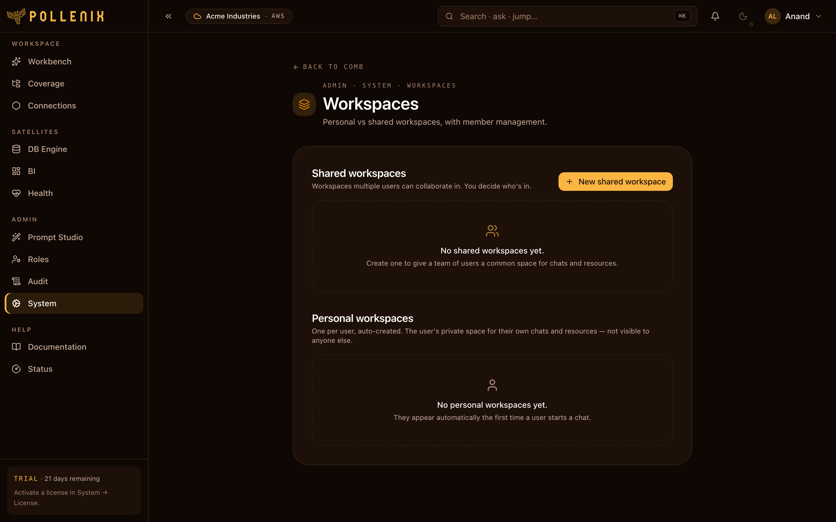 Workspaces — overview of the page.